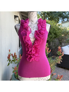 Vintage 90s Y2k Hot Pink Caché Silk Top Ruffled Organza ZipUp Fairy Chic Sz S